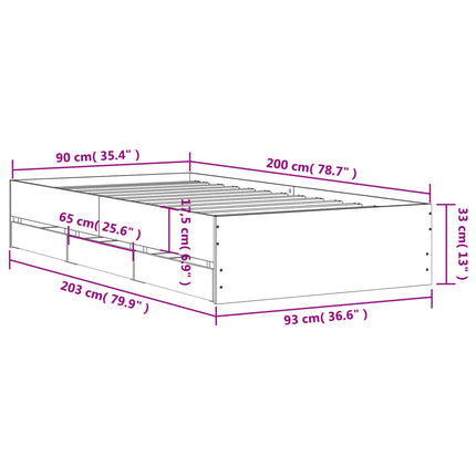 sengeramme med skuffer 90x200 cm konstrueret træ grå sonoma-eg