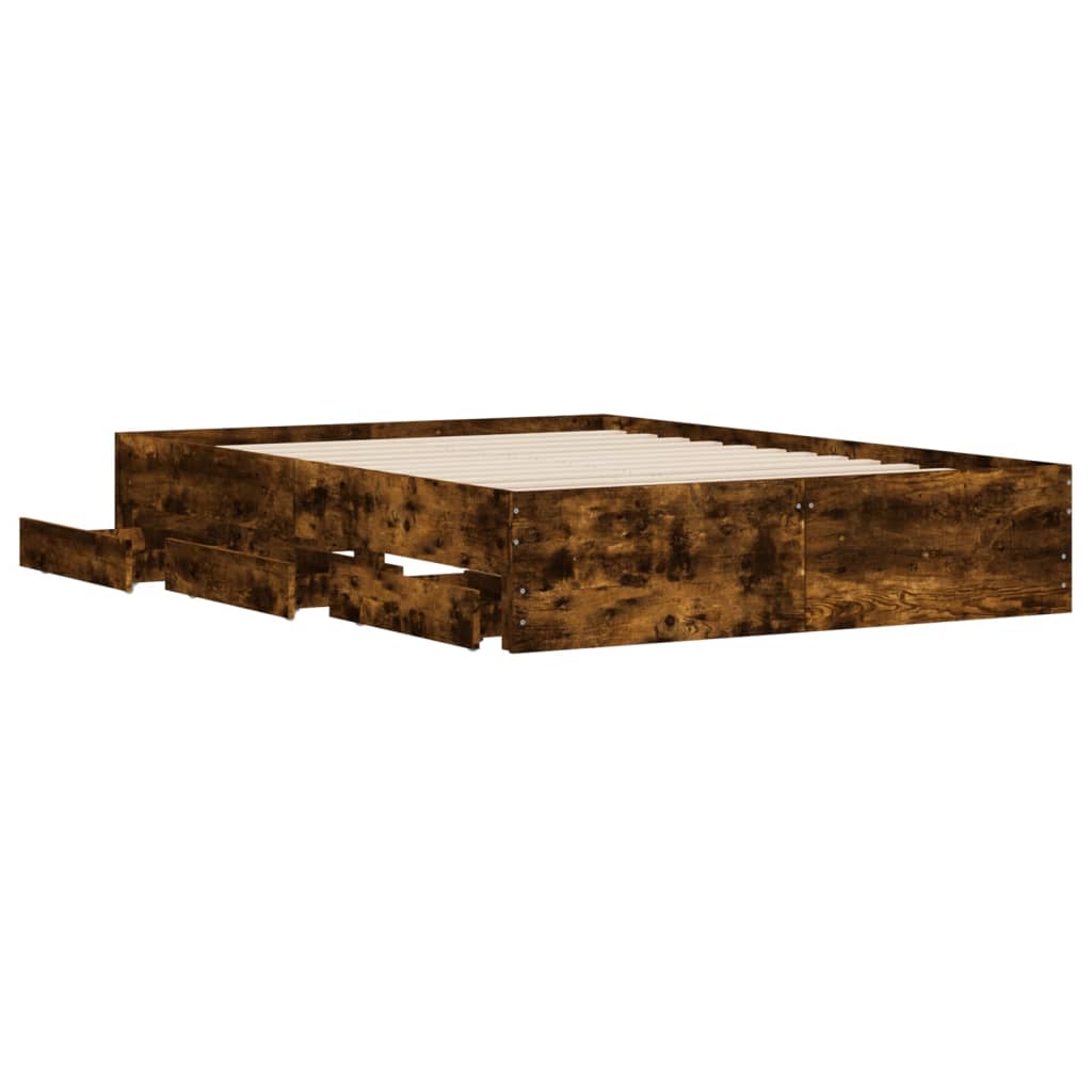 sengeramme med skuffer 135x190 cm konstrueret træ røget eg