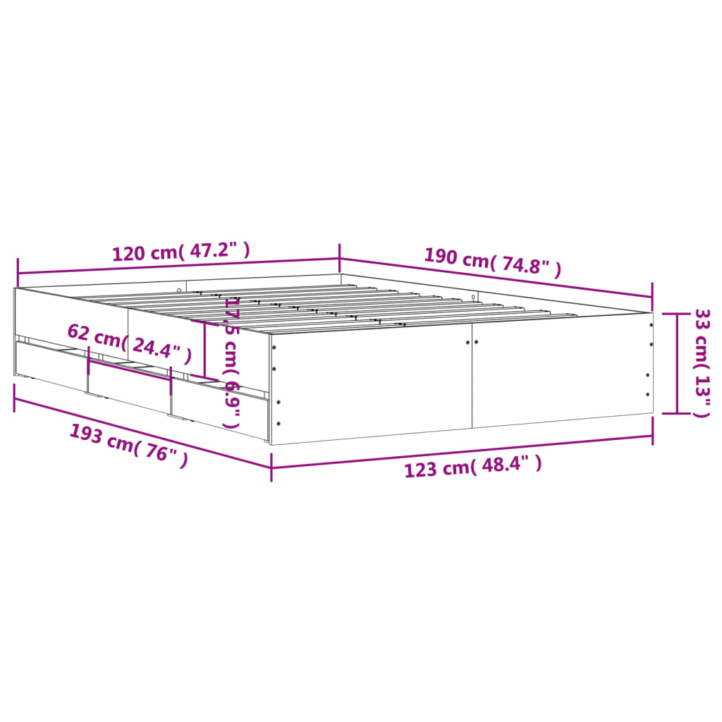 sengeramme med skuffer 120x190 cm konstrueret træ sonoma-eg