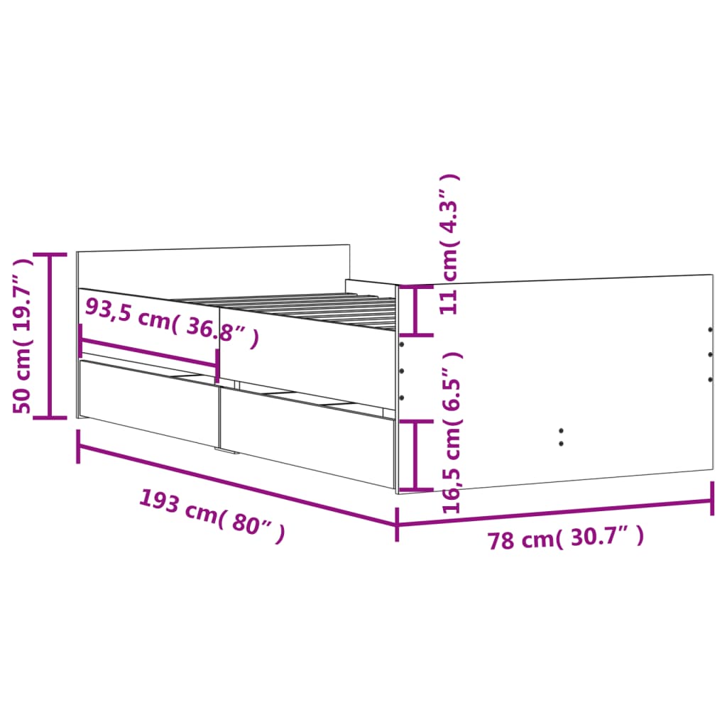 sengeramme med skuffer 75x190 cm Small Single sonoma-eg