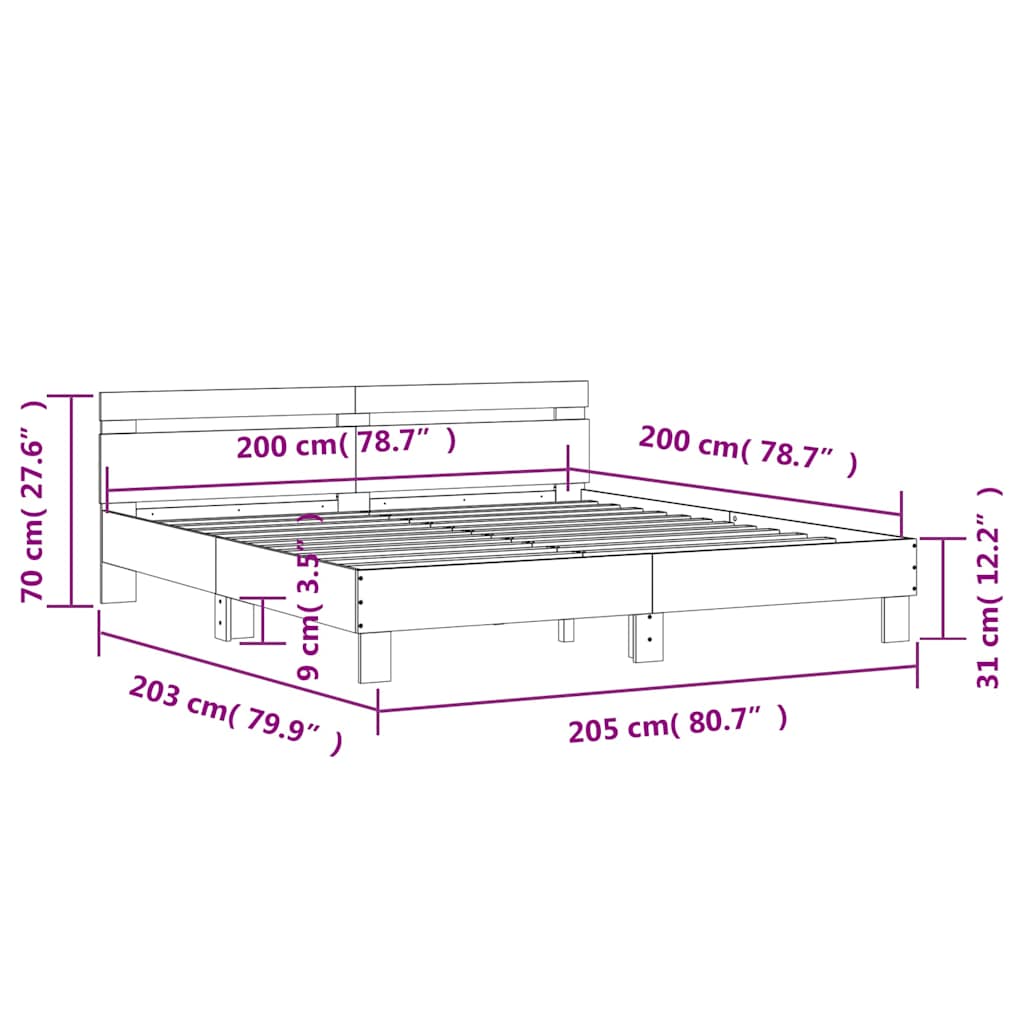 sengeramme med sengegavl 200x200 cm konstrueret træ sonoma-eg