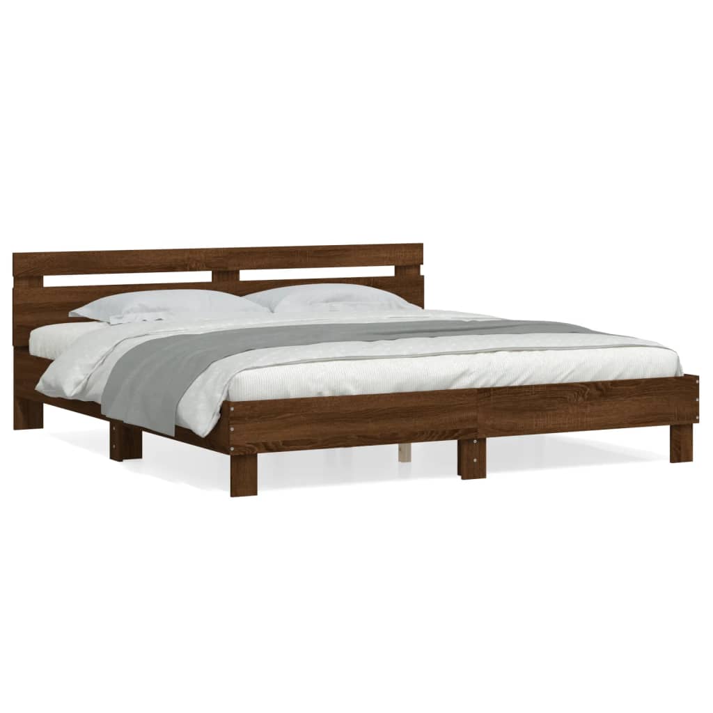 sengeramme med sengegavl 200x200 cm konstrueret træ brunt eg