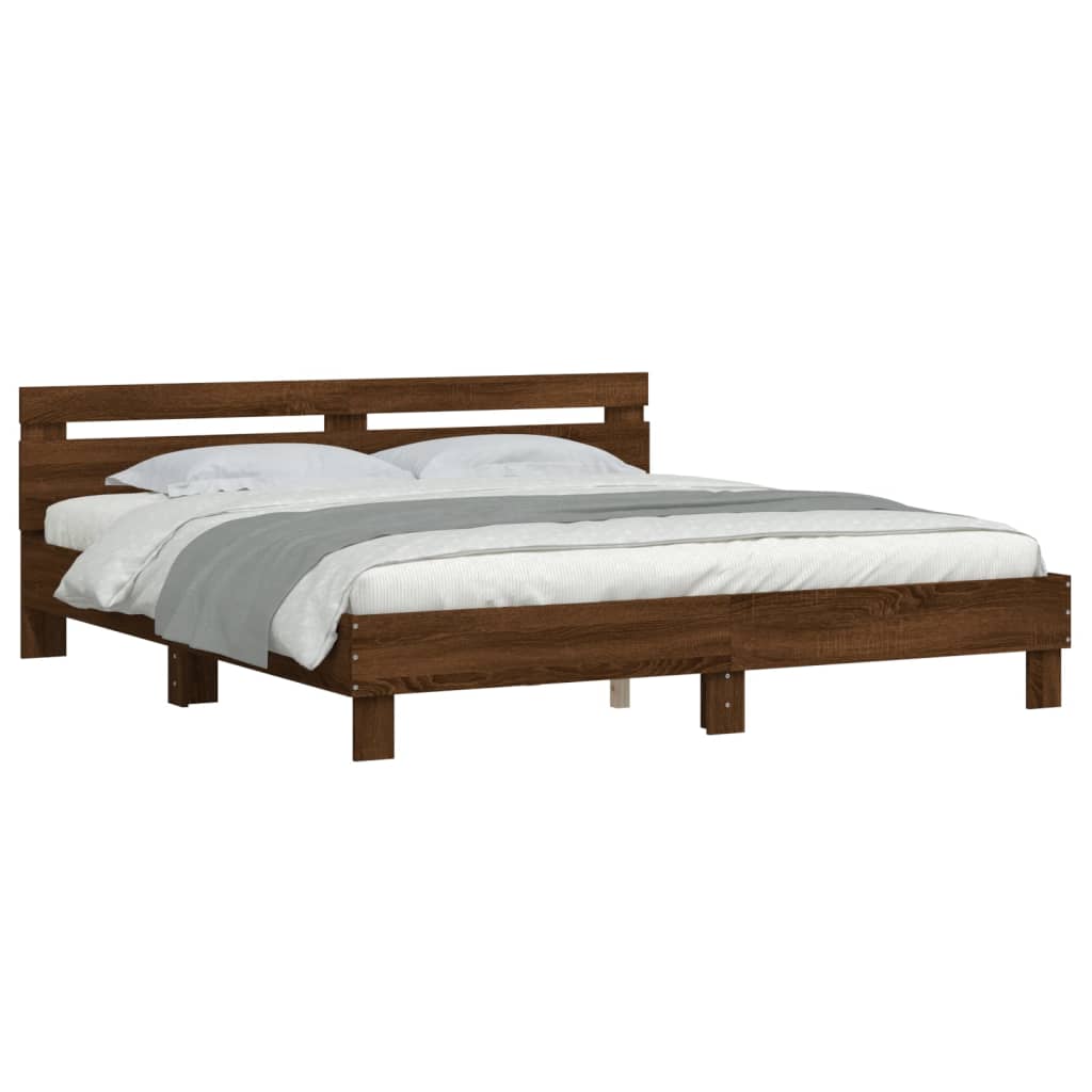 sengeramme med sengegavl 200x200 cm konstrueret træ brunt eg
