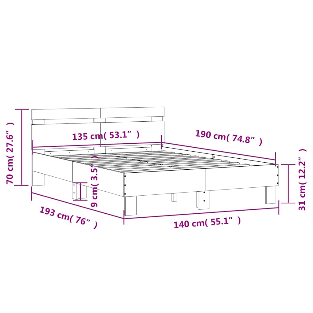 sengeramme med sengegavl 135x190 cm konstrueret træ brunt eg