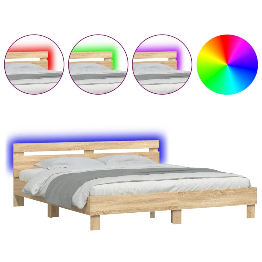 sengeramme med sengegavl og LED-lys 200x200 cm sonoma-eg