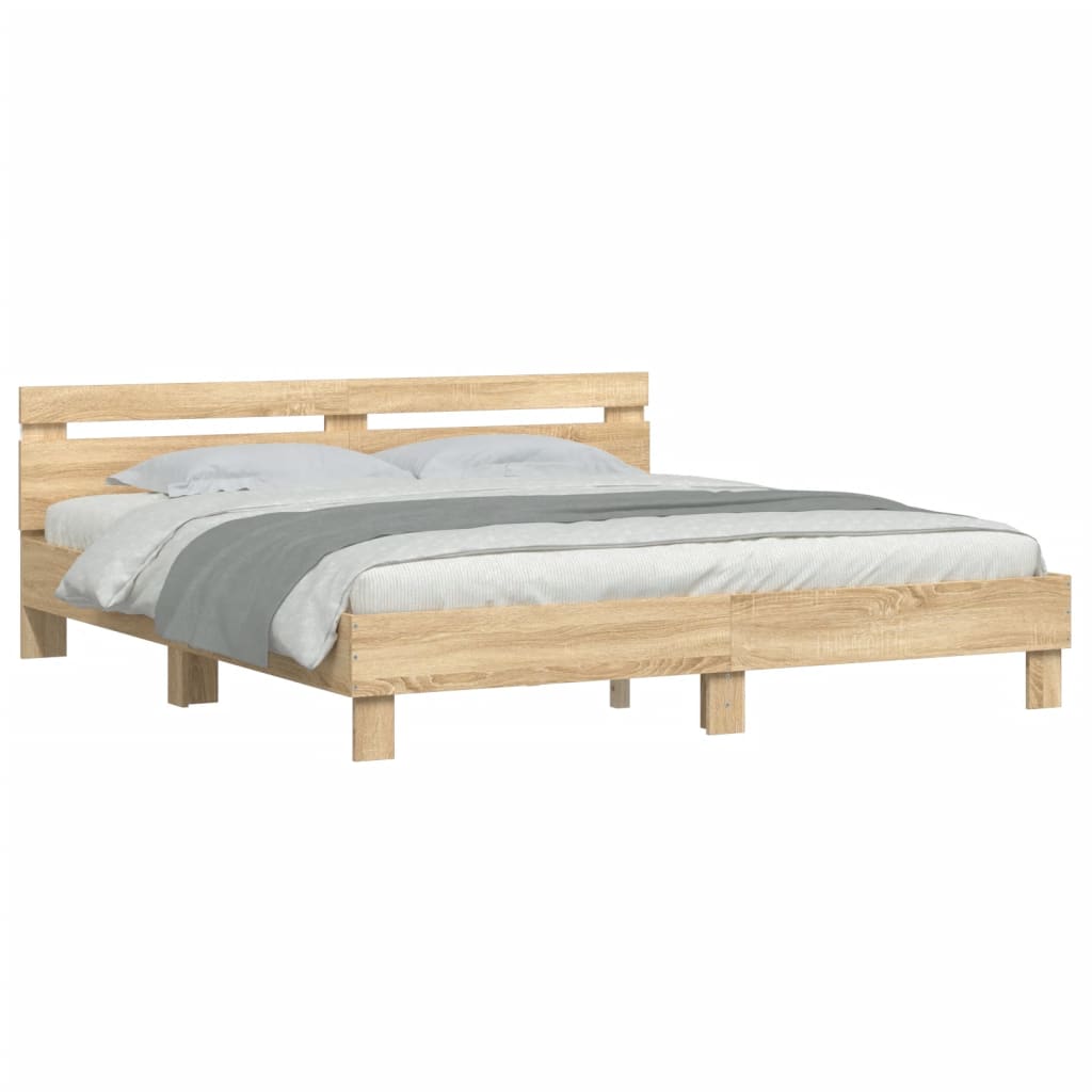 sengeramme med sengegavl og LED-lys 200x200 cm sonoma-eg