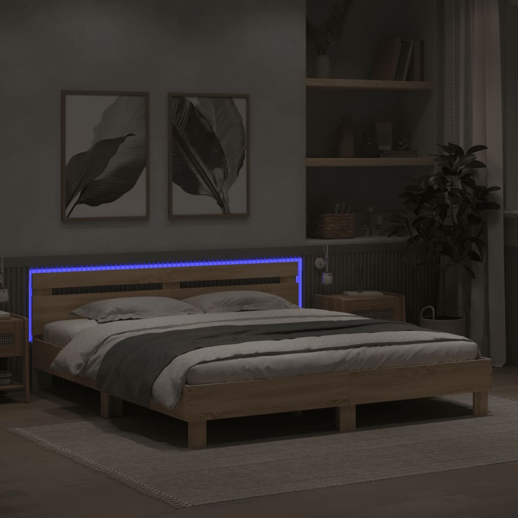 sengeramme med sengegavl og LED-lys 200x200 cm sonoma-eg