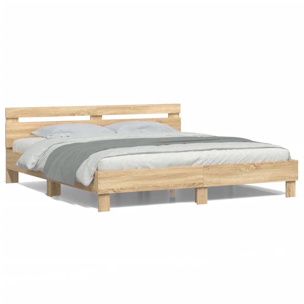 sengeramme med sengegavl og LED-lys 200x200 cm sonoma-eg