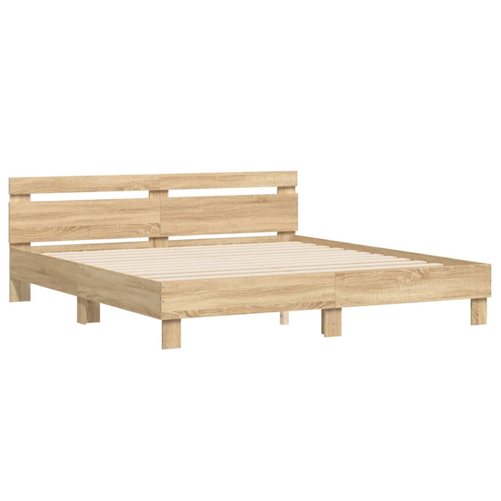 sengeramme med sengegavl og LED-lys 200x200 cm sonoma-eg