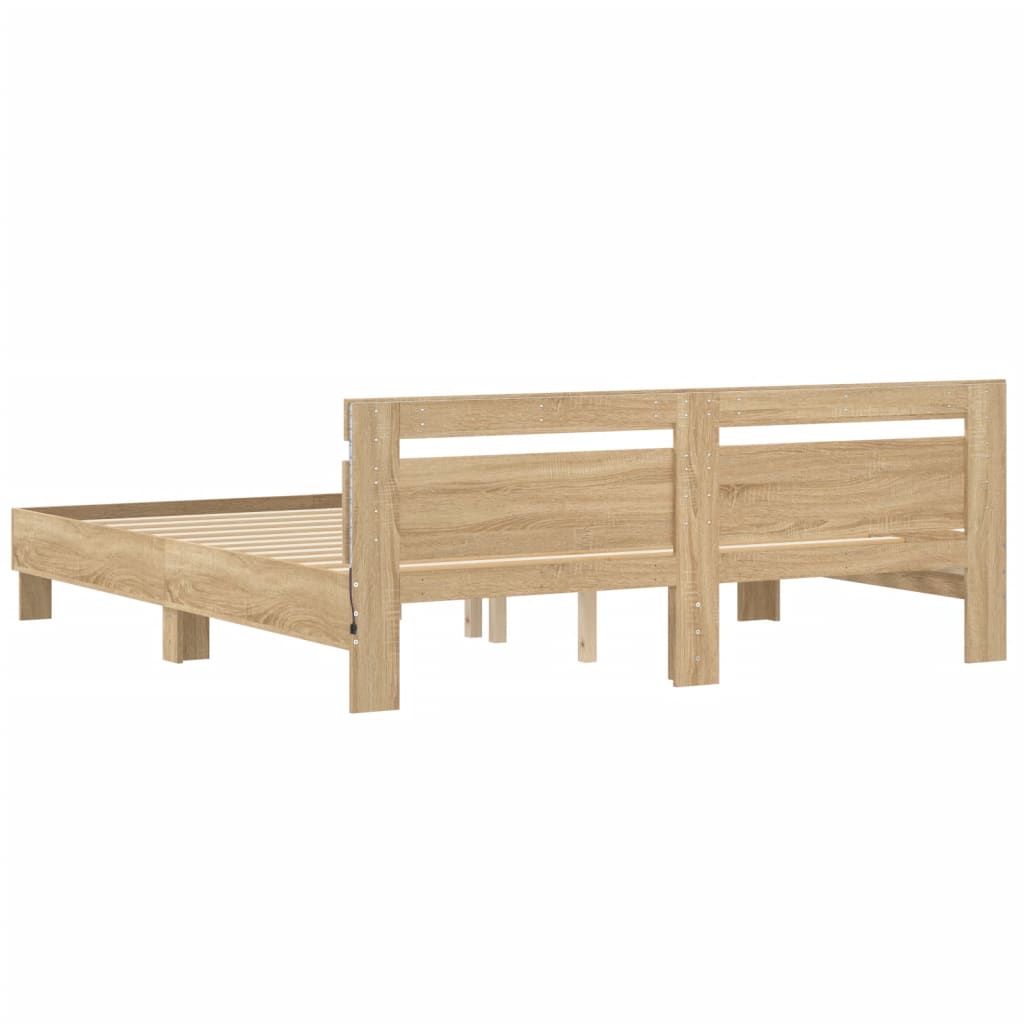 sengeramme med sengegavl og LED-lys 200x200 cm sonoma-eg