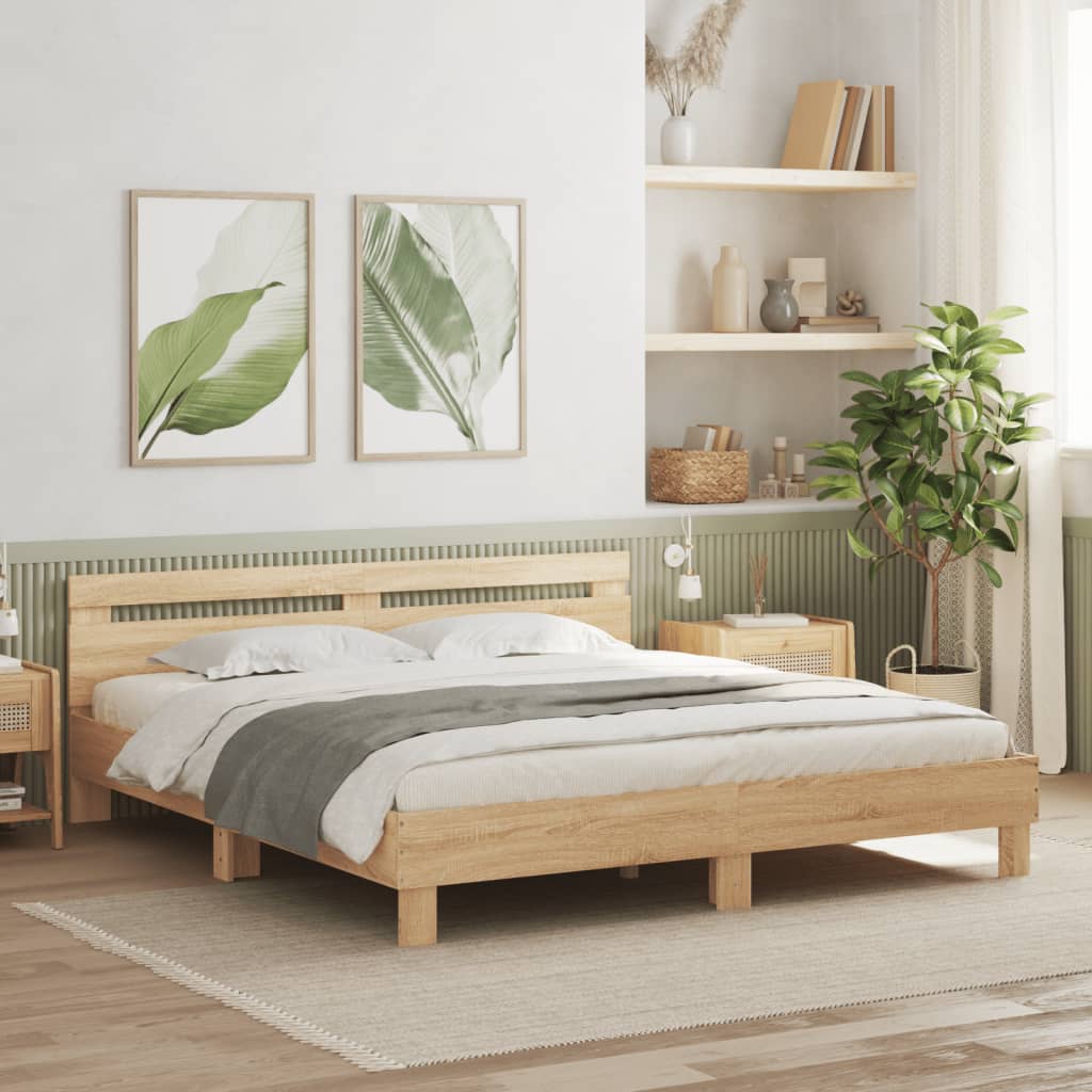 sengeramme med sengegavl og LED-lys 200x200 cm sonoma-eg