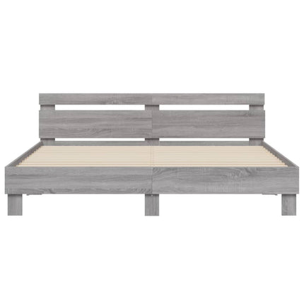 sengeramme med sengegavl og LED-lys 200x200 cm grå sonoma-eg