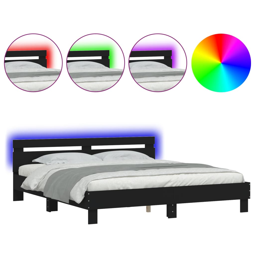 sengeramme med sengegavl og LED-lys 180x200 cm sort