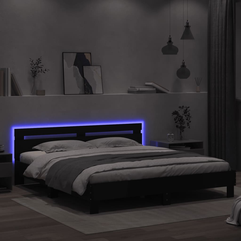 sengeramme med sengegavl og LED-lys 180x200 cm sort