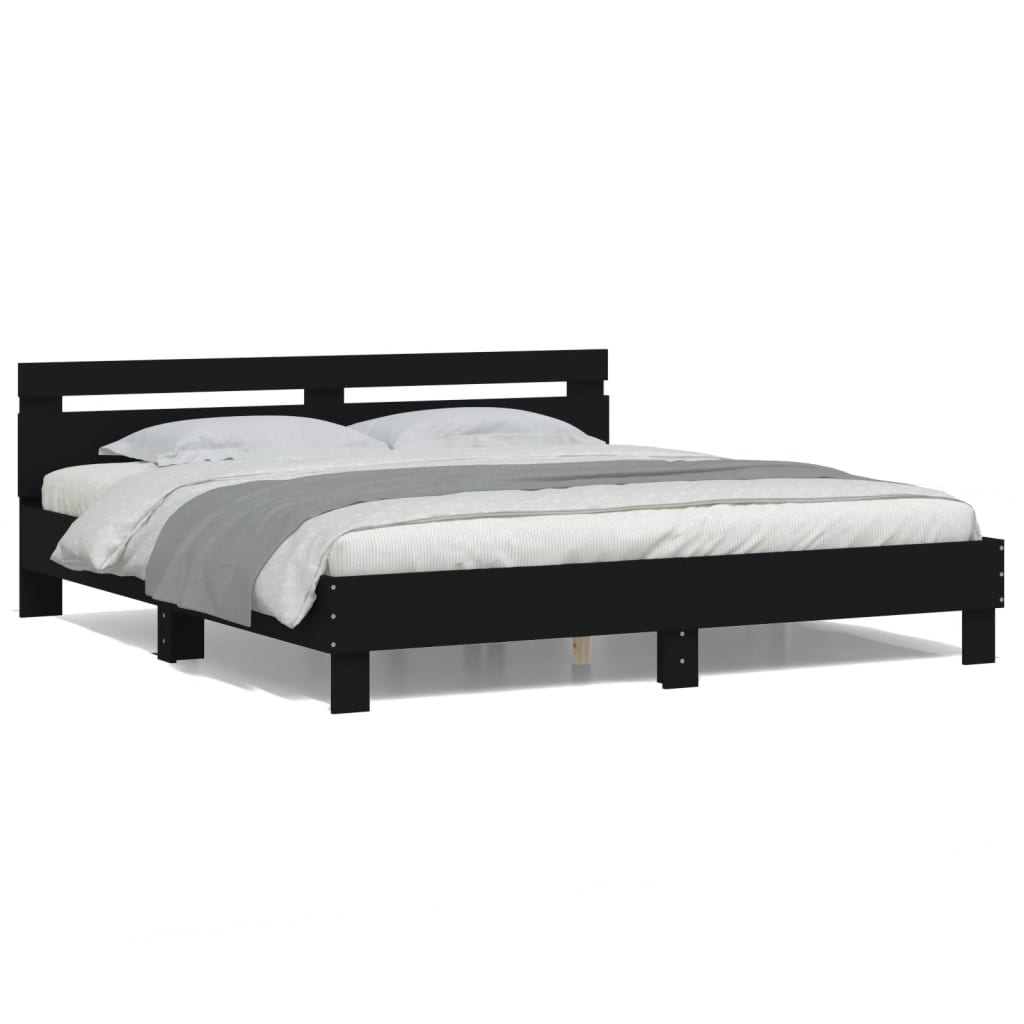 sengeramme med sengegavl og LED-lys 180x200 cm sort