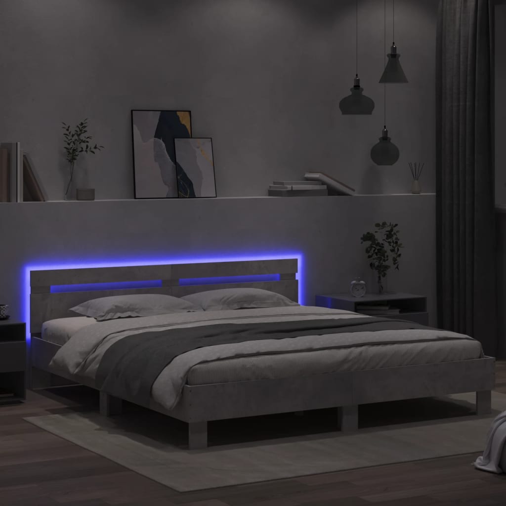 sengeramme med sengegavl og LED-lys 180x200 cm betongrå