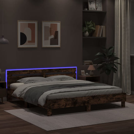 sengeramme med sengegavl og LED-lys 180x200 cm røget egetræ