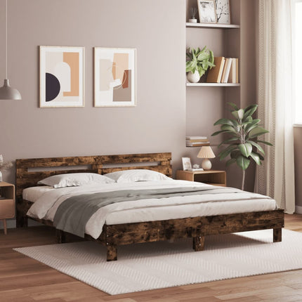 sengeramme med sengegavl og LED-lys 180x200 cm røget egetræ