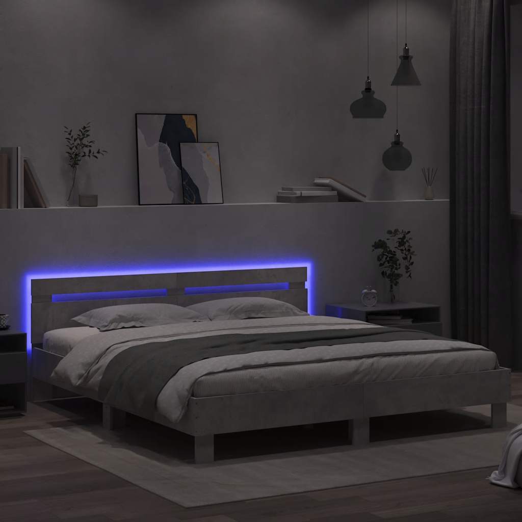 sengeramme med sengegavl og LED-lys 160x200 cm betongrå
