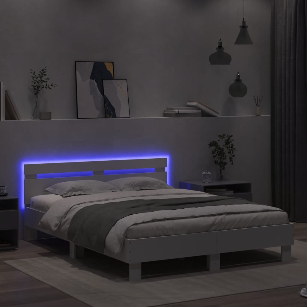 sengeramme med sengegavl og LED-lys 150x200 cm hvid