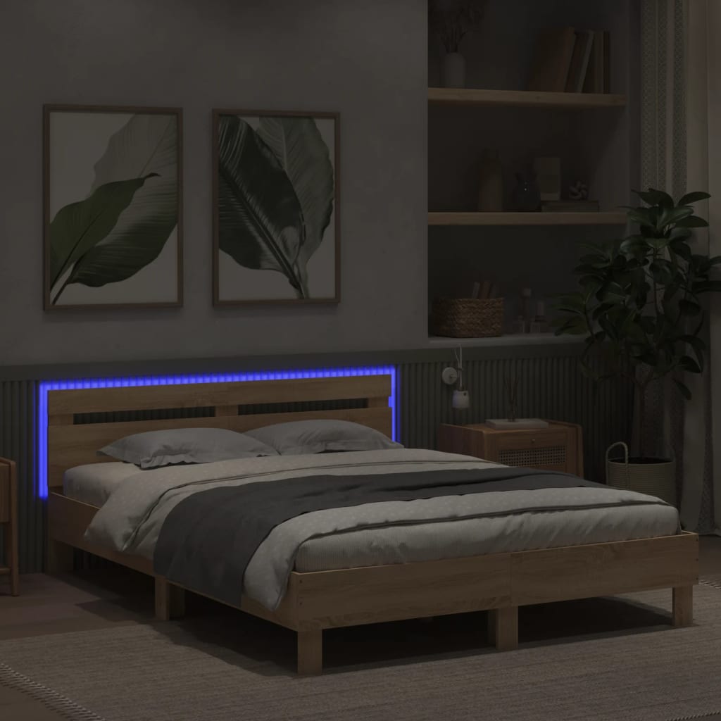 sengeramme med sengegavl og LED-lys 150x200 cm sonoma-eg