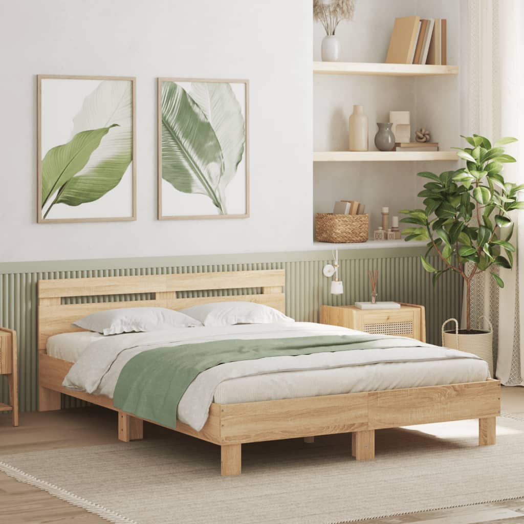 sengeramme med sengegavl og LED-lys 150x200 cm sonoma-eg