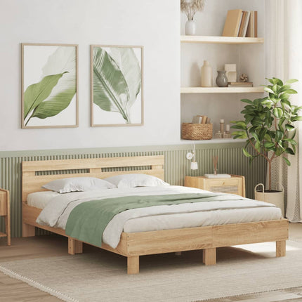 sengeramme med sengegavl og LED-lys 150x200 cm sonoma-eg