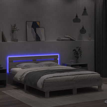 sengeramme med sengegavl og LED-lys 150x200 cm grå sonoma-eg