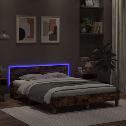 sengeramme med sengegavl og LED-lys 150x200 cm brunt egetræ