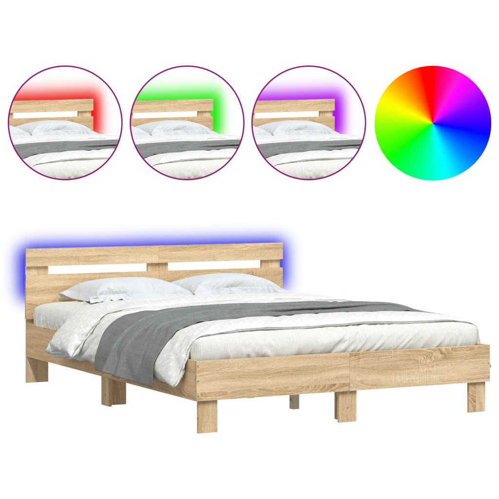 sengeramme med sengegavl og LED-lys 140x200 cm sonoma-eg