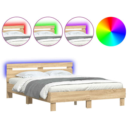 sengeramme med sengegavl og LED-lys 140x200 cm sonoma-eg