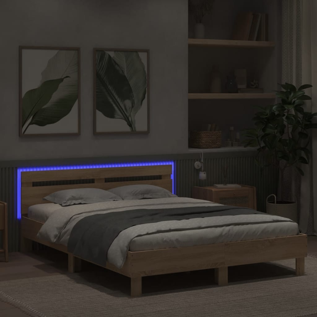 sengeramme med sengegavl og LED-lys 140x200 cm sonoma-eg