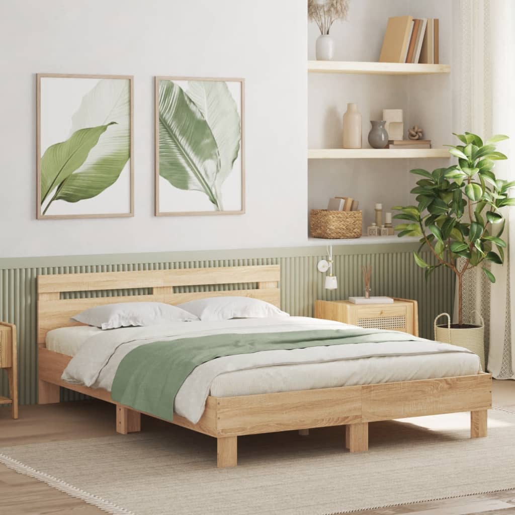 sengeramme med sengegavl og LED-lys 140x200 cm sonoma-eg