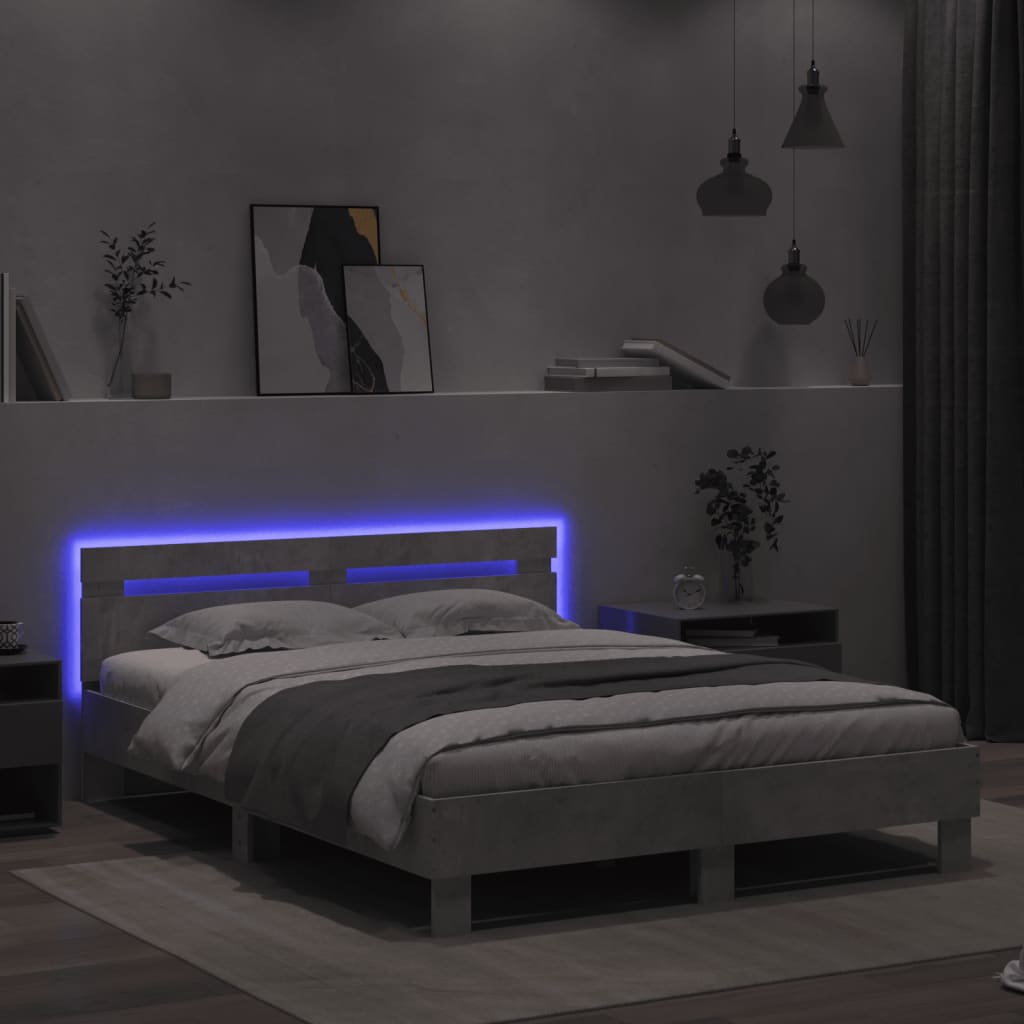 sengeramme med sengegavl og LED-lys 140x200 cm betongrå