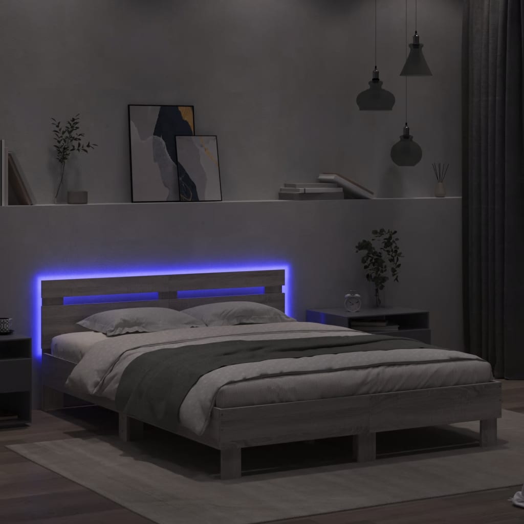 sengeramme med sengegavl og LED-lys 140x200 cm grå sonoma-eg