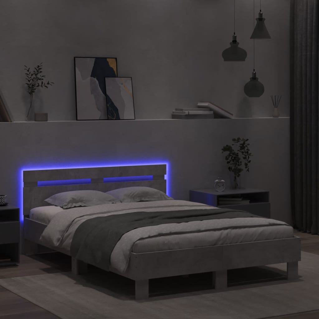 sengeramme med sengegavl og LED-lys 120x200 cm betongrå