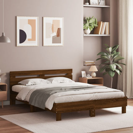 sengeramme med sengegavl og LED-lys 140x190 cm brunt egetræ