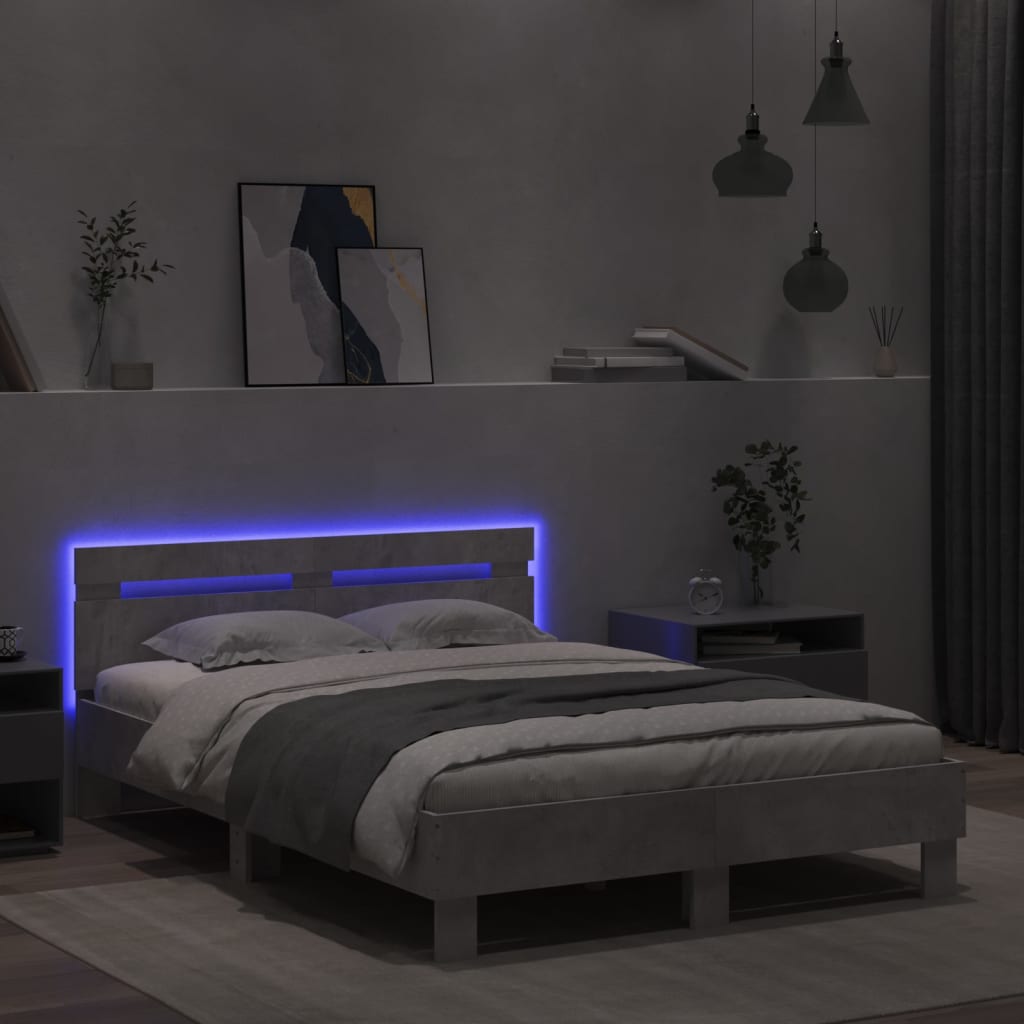 sengeramme med sengegavl og LED-lys 135x190 cm betongrå