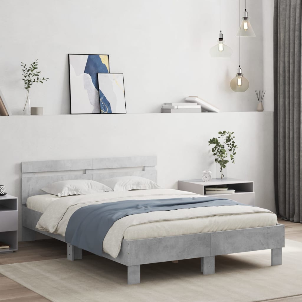 sengeramme med sengegavl og LED-lys 135x190 cm betongrå