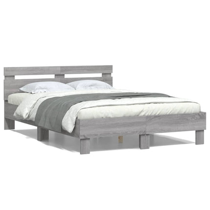sengeramme med sengegavl og LED-lys 135x190 cm grå sonoma-eg