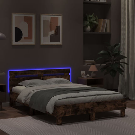 sengeramme med sengegavl og LED-lys 120x190 cm røget egetræ