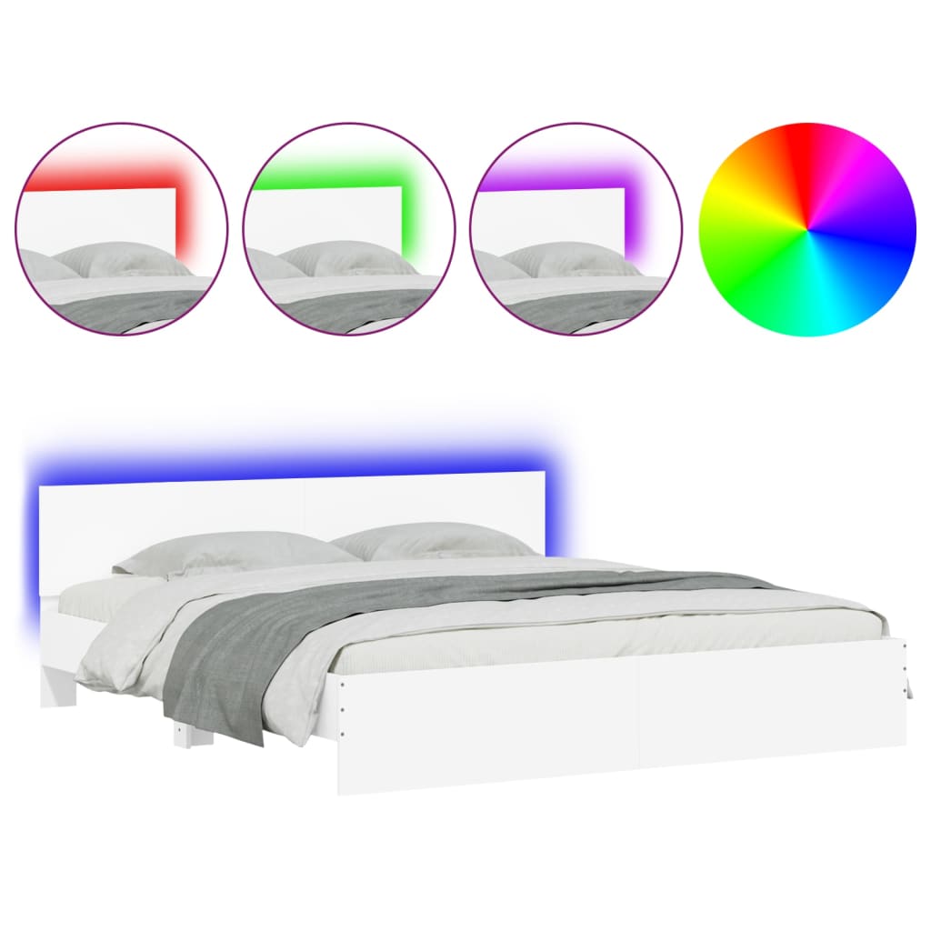 sengeramme med sengegavl og LED-lys 200x200 cm hvid