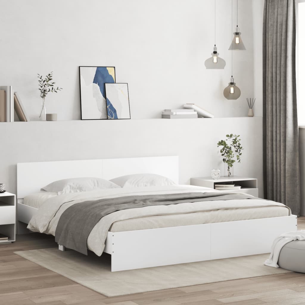 sengeramme med sengegavl og LED-lys 200x200 cm hvid