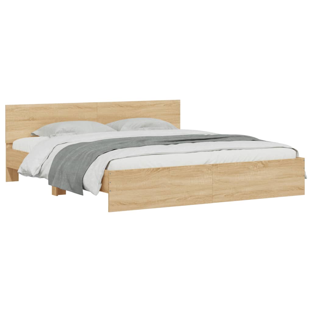 sengeramme med sengegavl og LED-lys 200x200 cm sonoma-eg