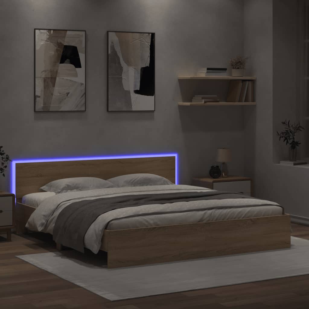 sengeramme med sengegavl og LED-lys 200x200 cm sonoma-eg