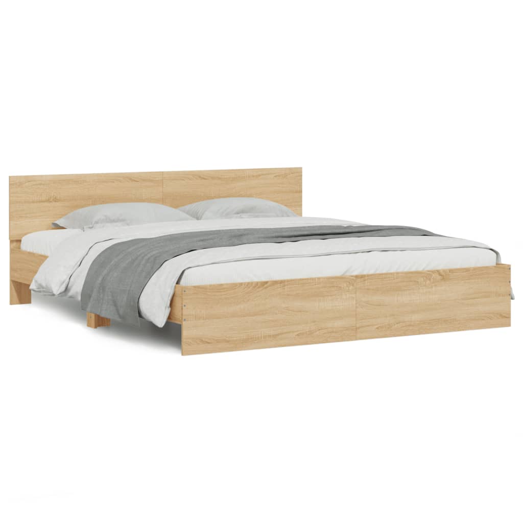 sengeramme med sengegavl og LED-lys 200x200 cm sonoma-eg