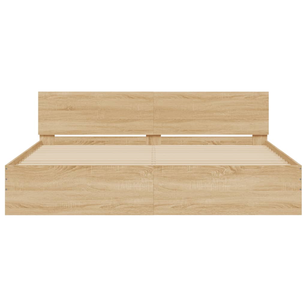sengeramme med sengegavl og LED-lys 200x200 cm sonoma-eg
