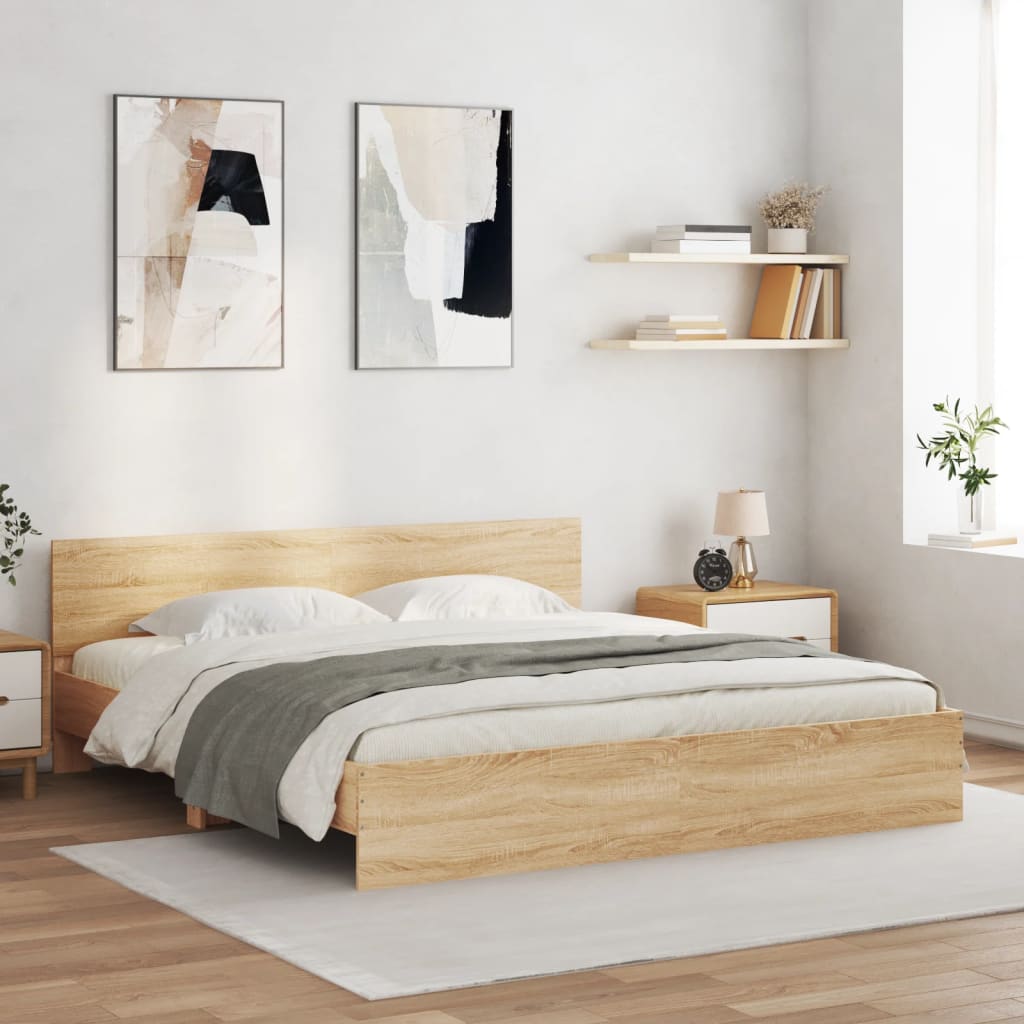 sengeramme med sengegavl og LED-lys 200x200 cm sonoma-eg