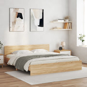 sengeramme med sengegavl og LED-lys 200x200 cm sonoma-eg