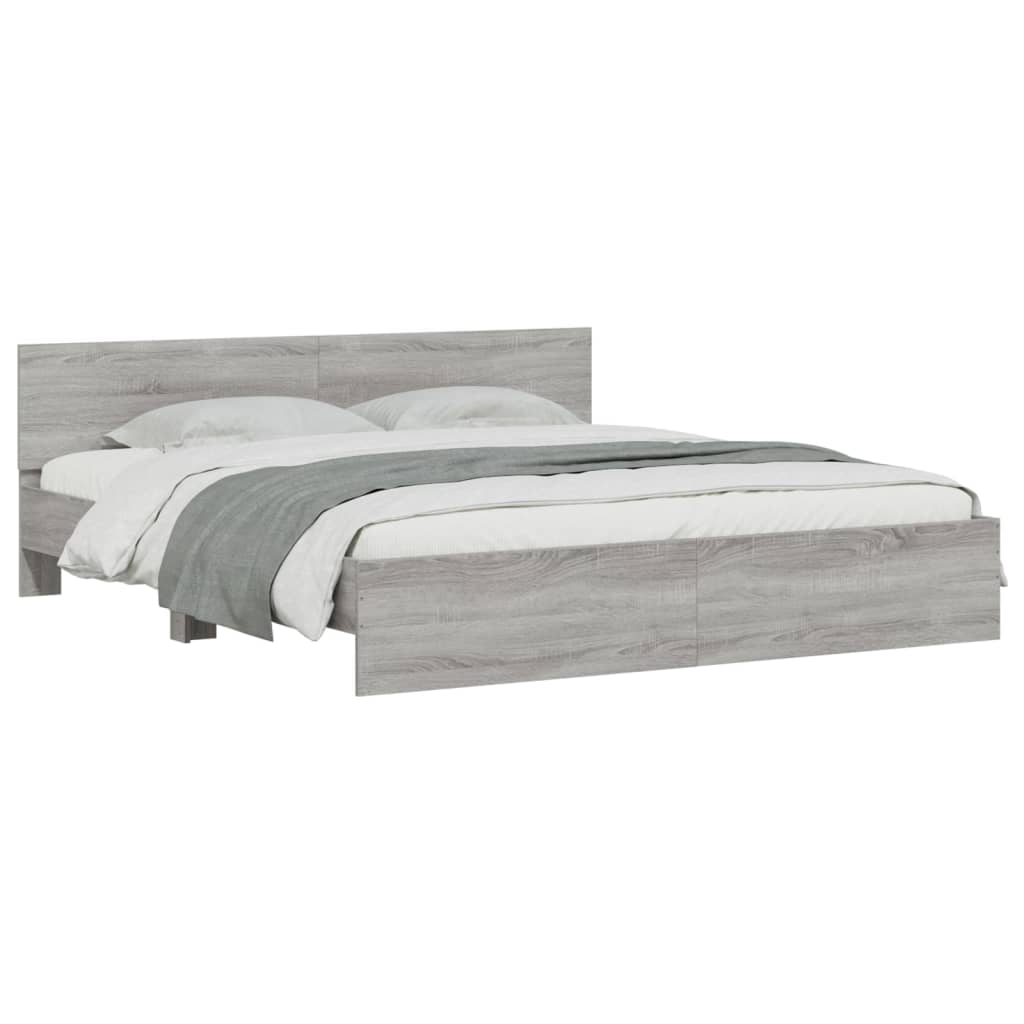 sengeramme med sengegavl og LED-lys 200x200 cm grå sonoma-eg